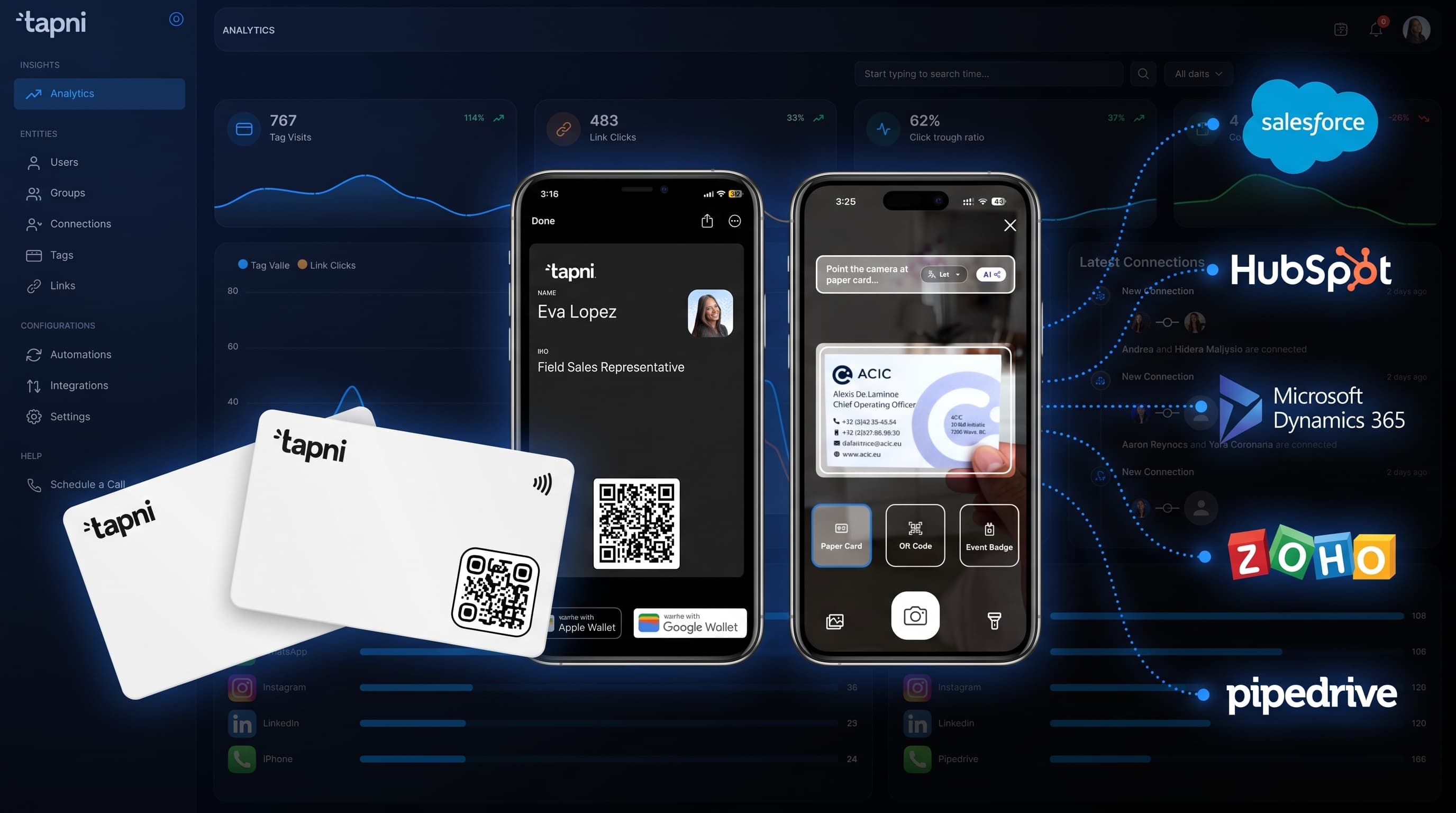 Tapni business dashboard with NFC cards, digital profiles and CRM integrations