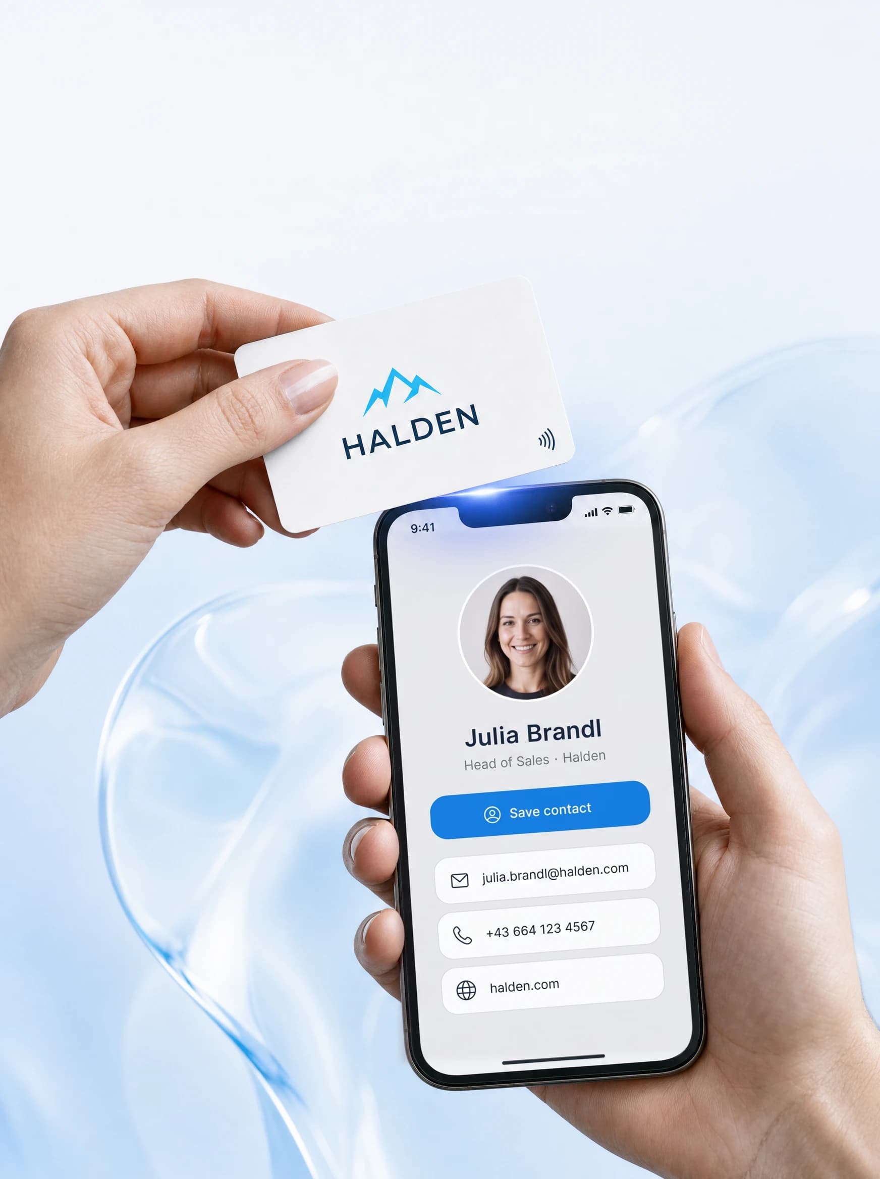 A hand taps a Tapni NFC business card on an iPhone, which opens the card owner's digital profile