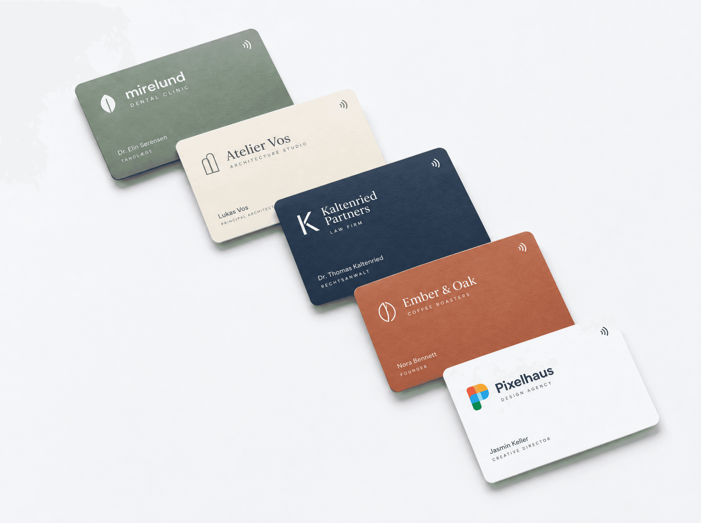 Five custom-designed Tapni NFC business cards for different brands